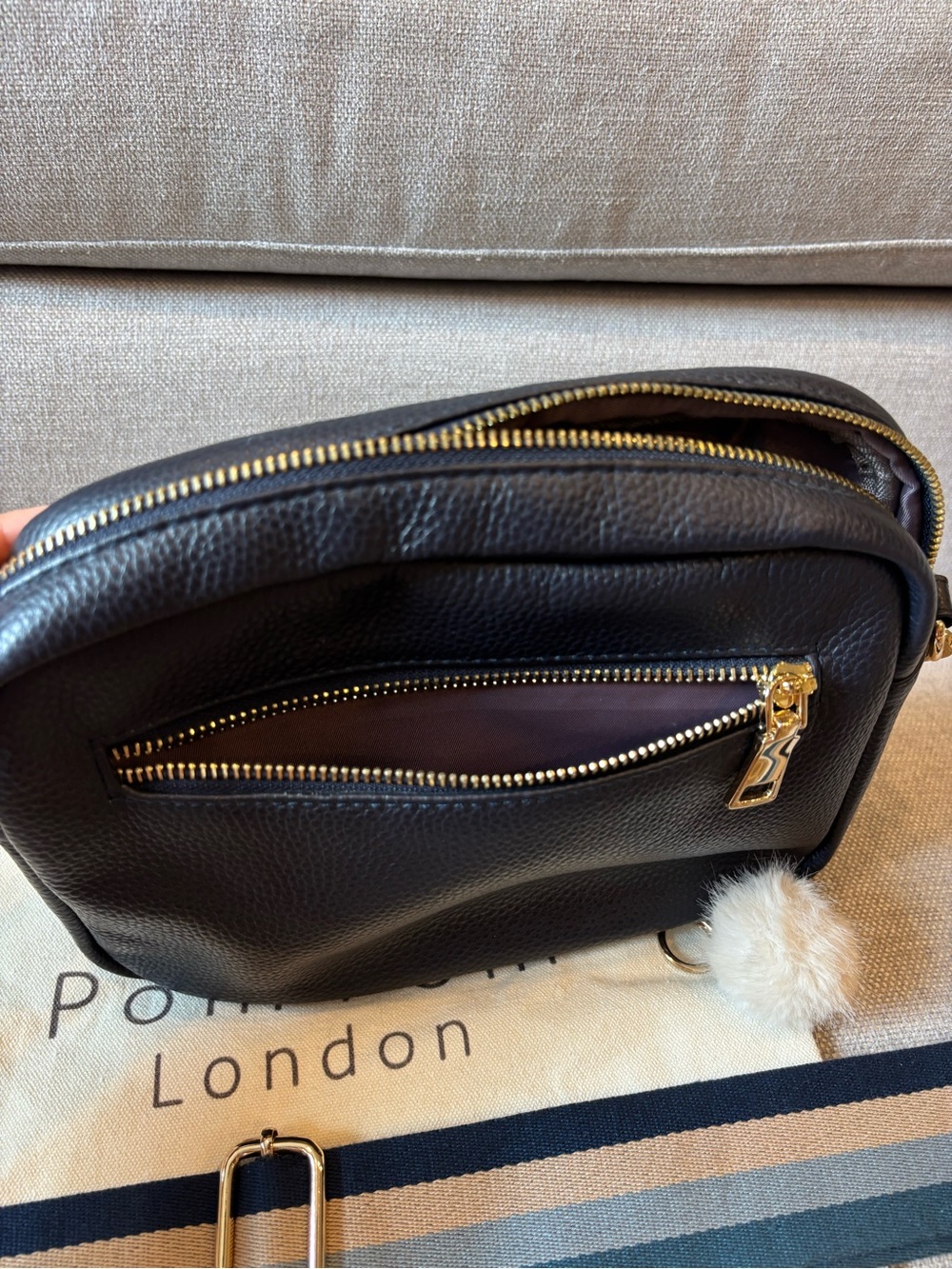 NWOT Pom Pom London Navy Original Pebbled Crossbody Bag with Striped Straps - Picture 6 of 10
